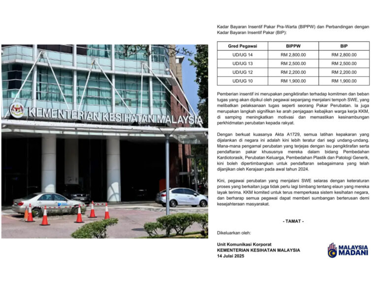 Terkini KKM umum insentif setara pakar untuk pegawai SWE, maksimum bayaran RM2,800