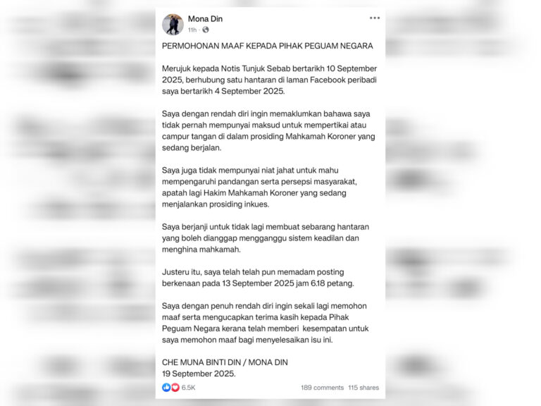 Isu inkues Zara: Aktivis Mona Din mohon maaf kepada Peguam Negara