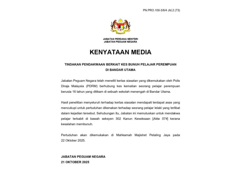 Tikam rakan sekolah: AGC putusksn pelajar lelaki bakal didakwa atas pertuduhan bunuh