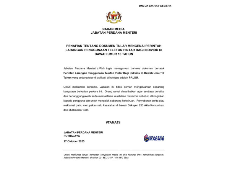 PMO nafi dokumen tular dakwa individu bawah 16 tahun dilarang guna telefon pintar