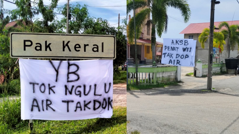 Video : ‘AKSB kami nak air’ – Penduduk Kelantan gantung kain rentang, protes air tak ada
