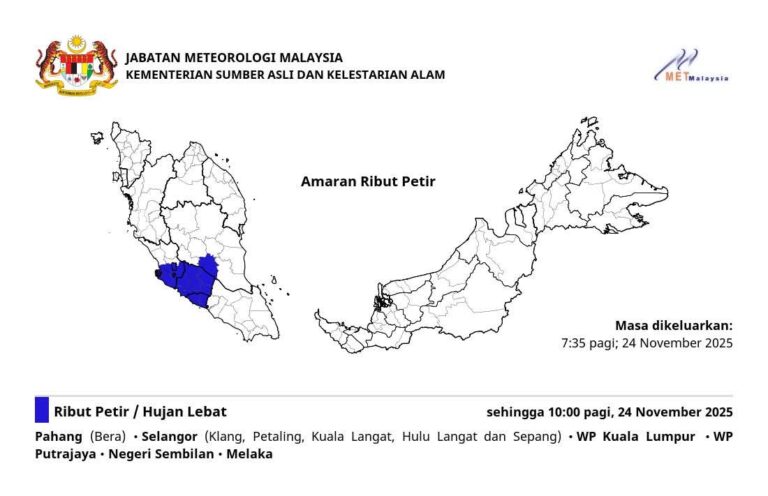 Amaran hujan lebat, angin kencang di enam negeri