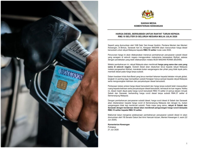 Berita baik untuk rakyat, diesel bersubsidi seluruh negara turun kepada RM2.10 seliter mulai Julai