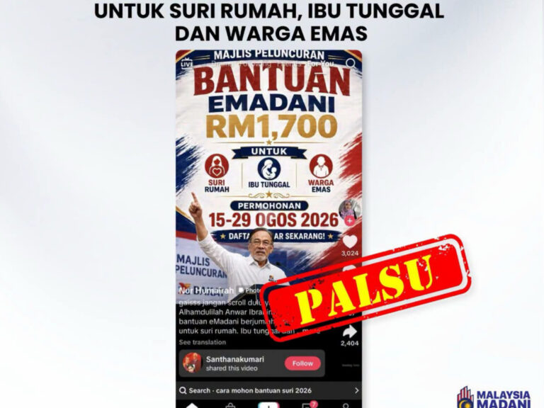 Hati-hati tekan pautan, tiada bantuan eMADANI RM1,700 seperti tular di media sosial