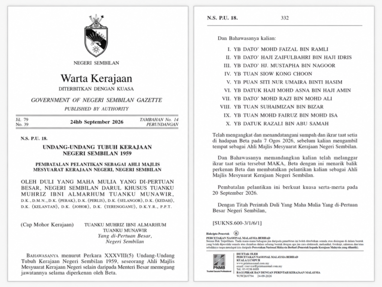 Langgar ikrar taat setia, pembatalan 10 Exco Negeri Sembilan kini masuk Warta Kerajaan