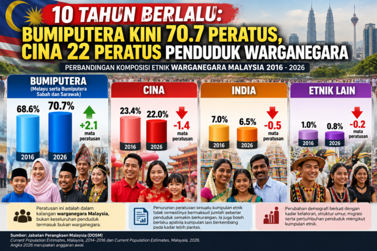 Komposisi kaum warganegara Malaysia 2016 – 2026, 10 tahun berlalu : Bumiputera kini 70.7 peratus, Cina 22 peratus