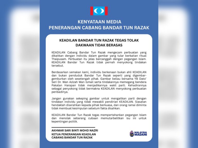 Lelaki tular sertai ritual Thaipusam bukan ahli PKR, tegas PKR Bandar Tun Razak
